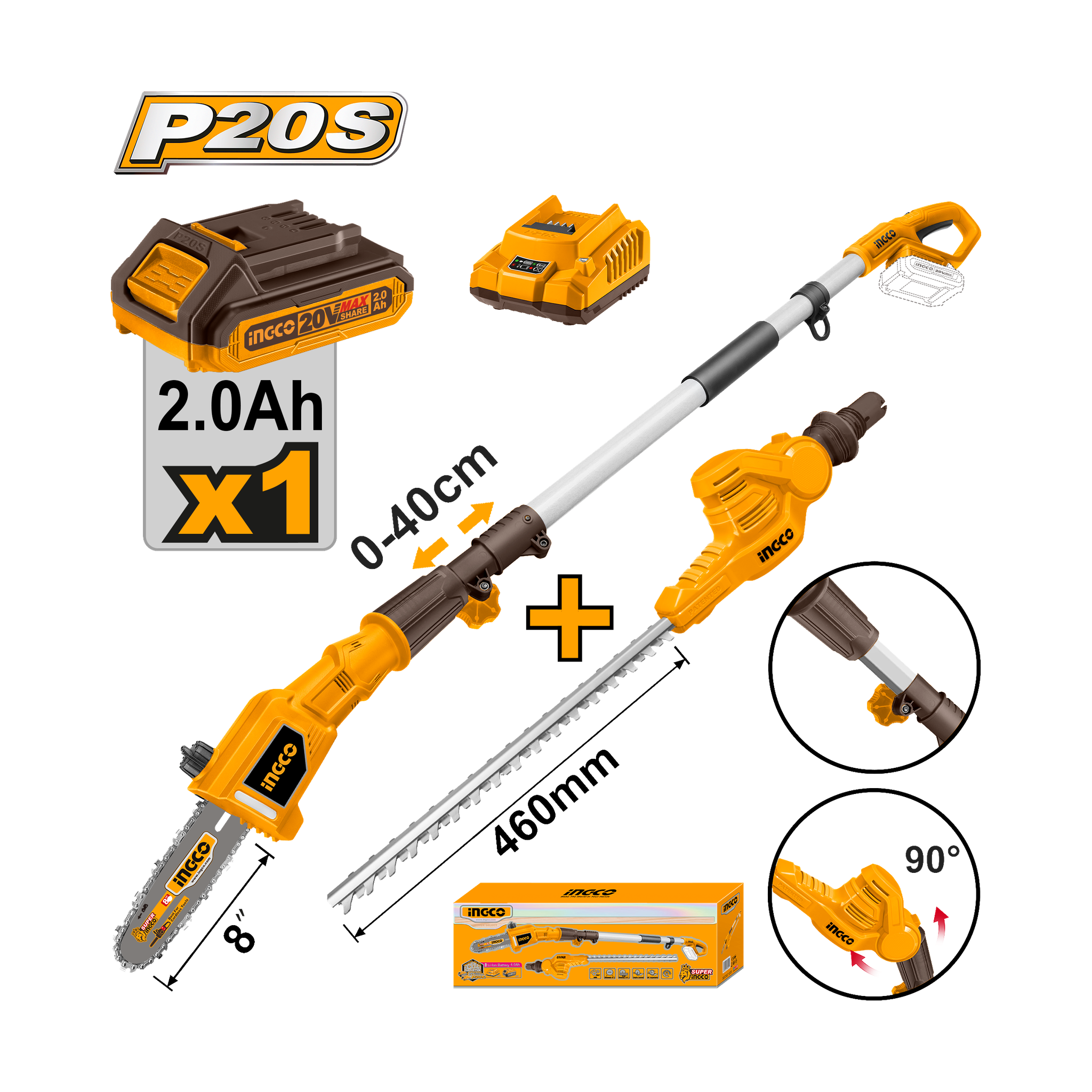 Ingco 20V Lithium-Ion Pole Saw With Pole Hedge Trimmer CPTS201681