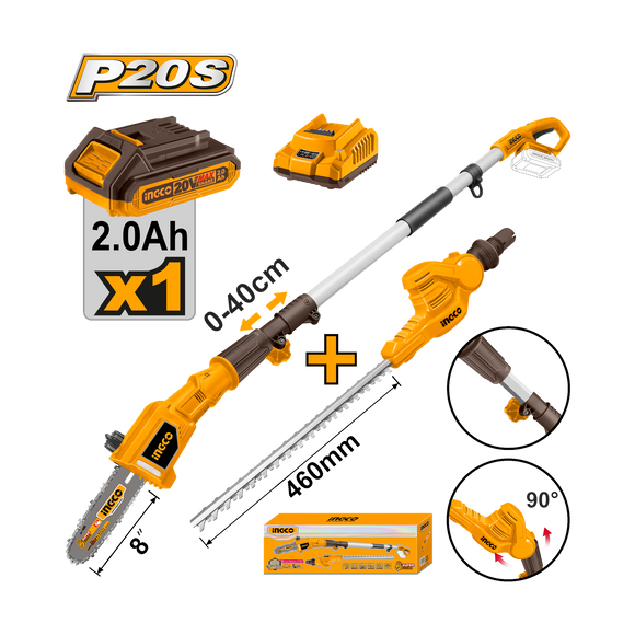 Ingco 20V Lithium-Ion Pole Saw With Pole Hedge Trimmer CPTS201681
