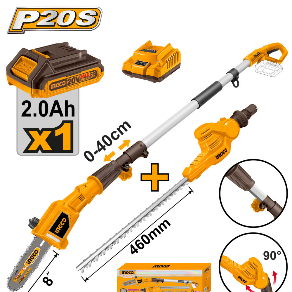 Ingco 20v lithium-ion pole saw with pole hedge trimmer cpts201681