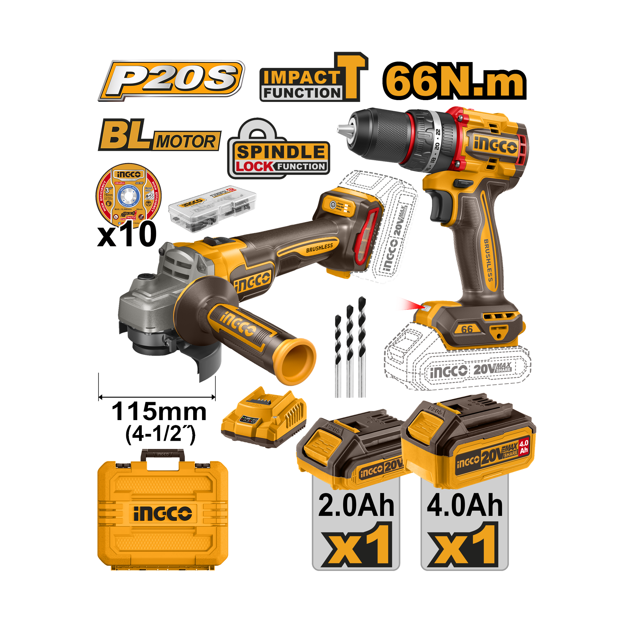 Ingco 20V Lithium-Ion Cordless 2 Piece Combo Kit CKLI20273