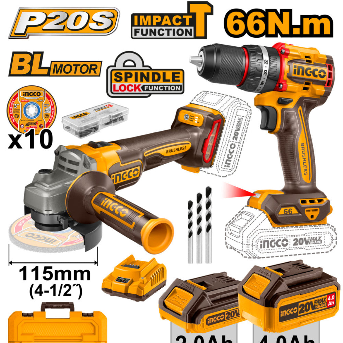Ingco lithium-ion cordless 2 piece combo kit ckli20273