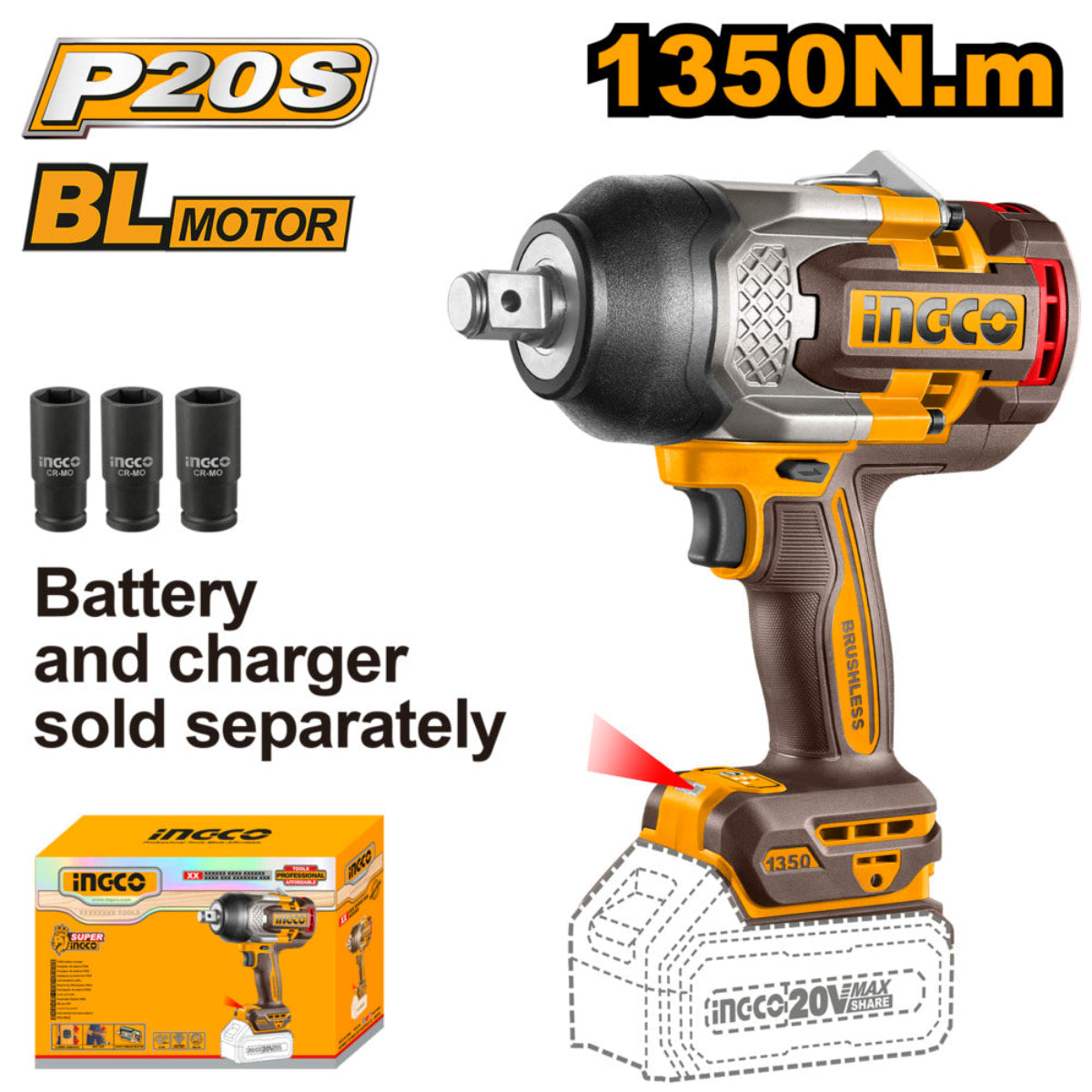 Ingco 20v lithium-ion impact wrench ciwli201351