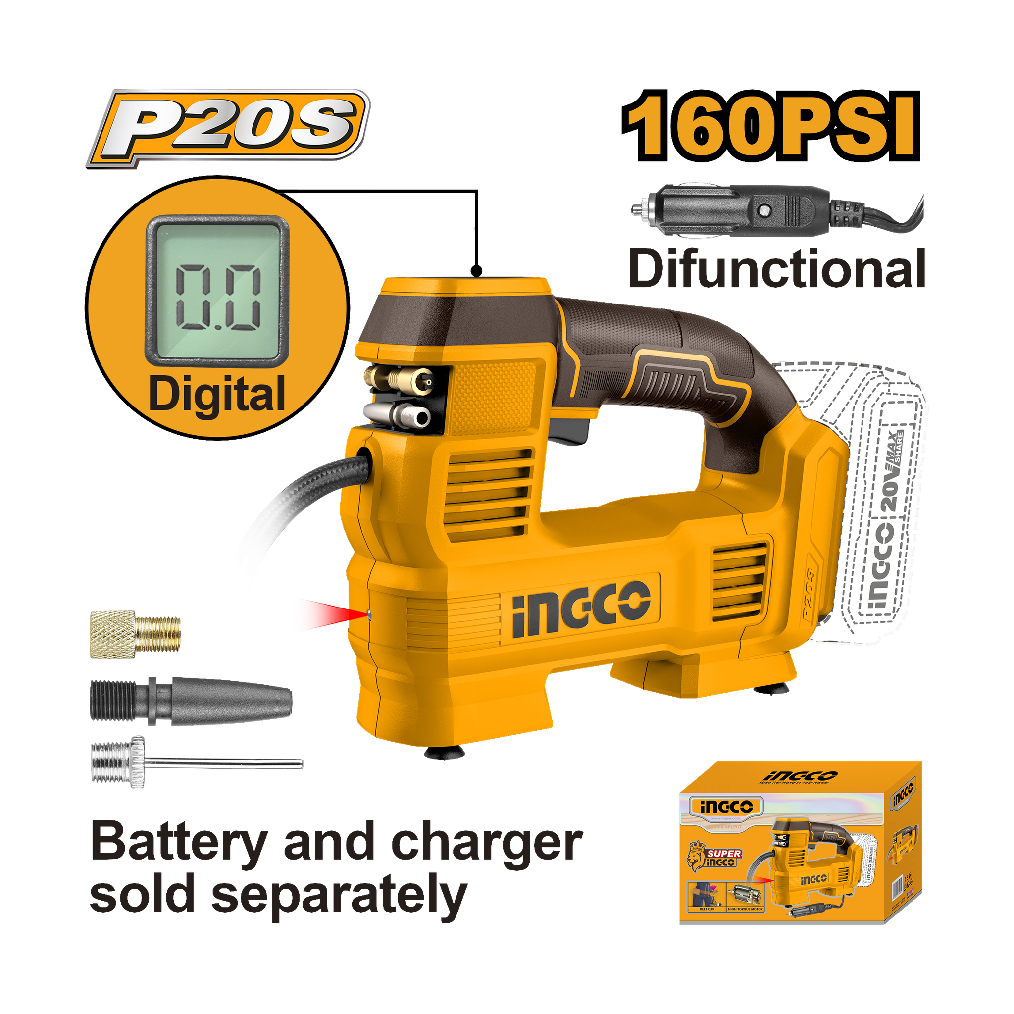Ingco 20V Cordless Auto Air Compressor 160PSI Tyre Inflator with Work Light & 3 Adaptors