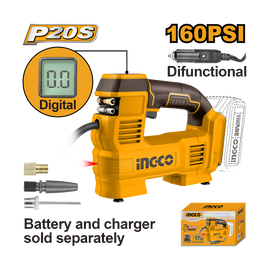 Ingco 20V Cordless Auto Air Compressor 160PSI Tyre Inflator with Work Light & 3 Adaptors