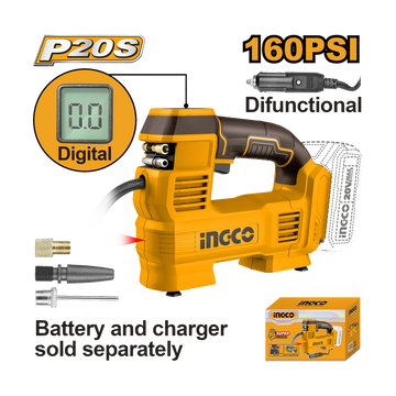 Ingco 20V Cordless Auto Air Compressor 160PSI Tyre Inflator with Work Light & 3 Adaptors