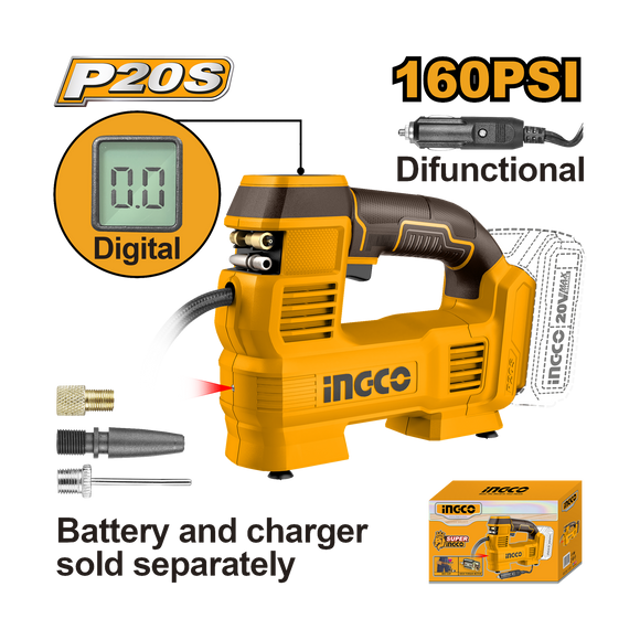 Ingco 20V Cordless Auto Air Compressor 160PSI Tyre Inflator with Work Light & 3 Adaptors