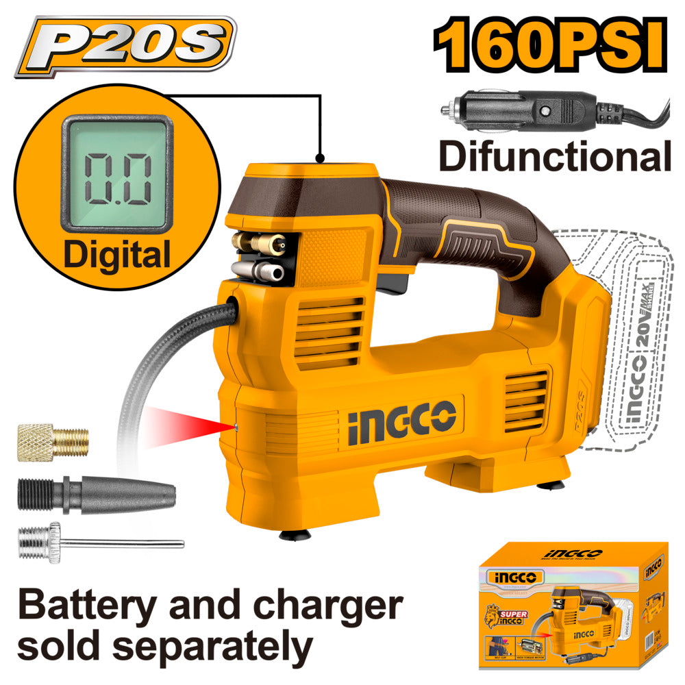 Ingco 20v cordless auto air compressor | 160psi tyre inflator w/ work light & 3 adaptors