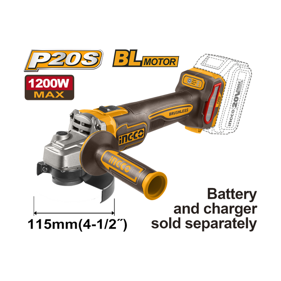 Ingco 20V PS+ Cordless Angle Grinder 115mm 1200W Brushless CAGLI221153