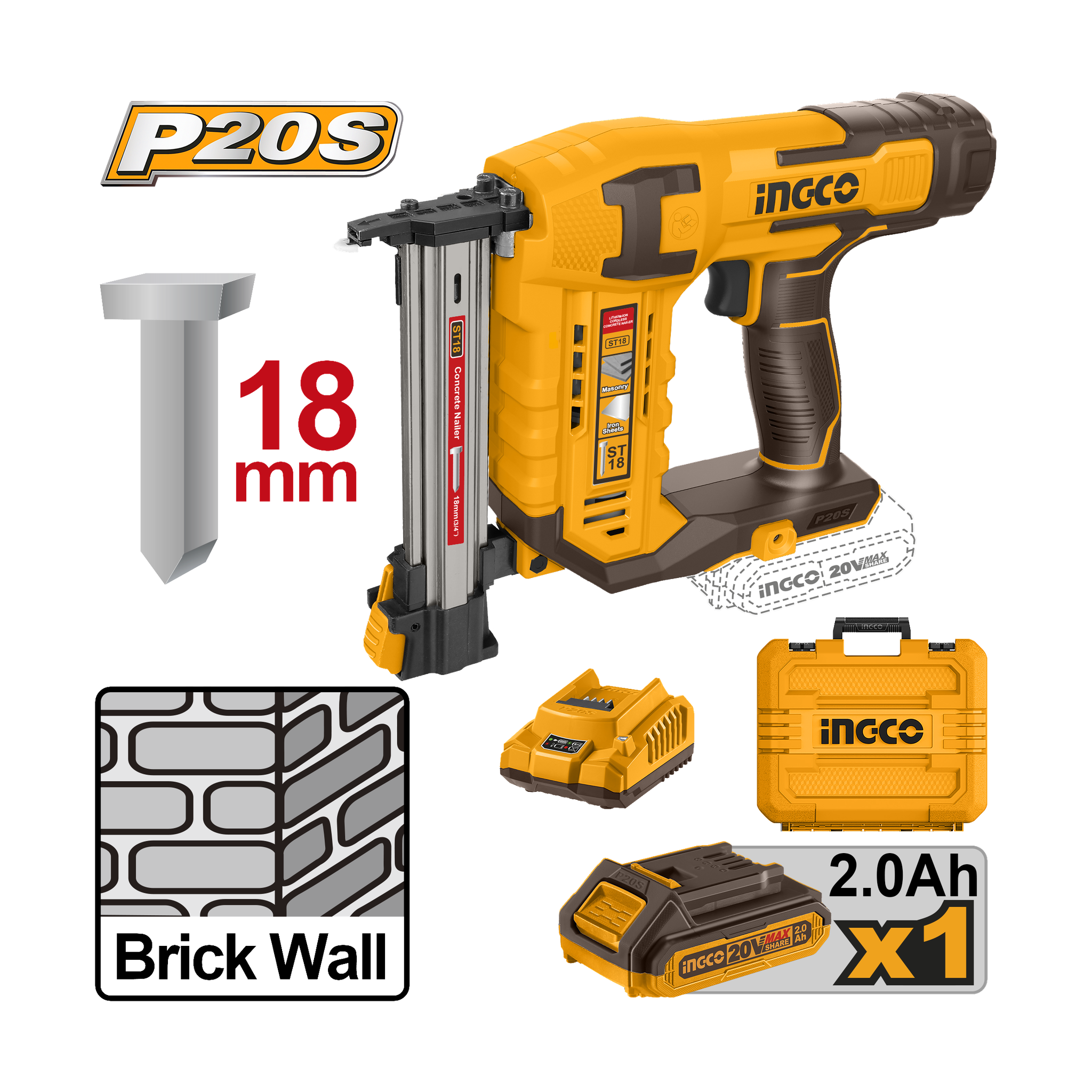 Ingco 20V Lithium-Ion Cordless Brick Nailer  CSTLI3808