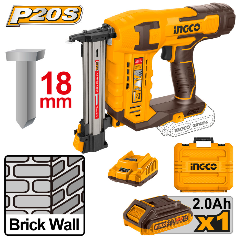 Ingco 20v lithium-ion cordless brick nailer cstli3808