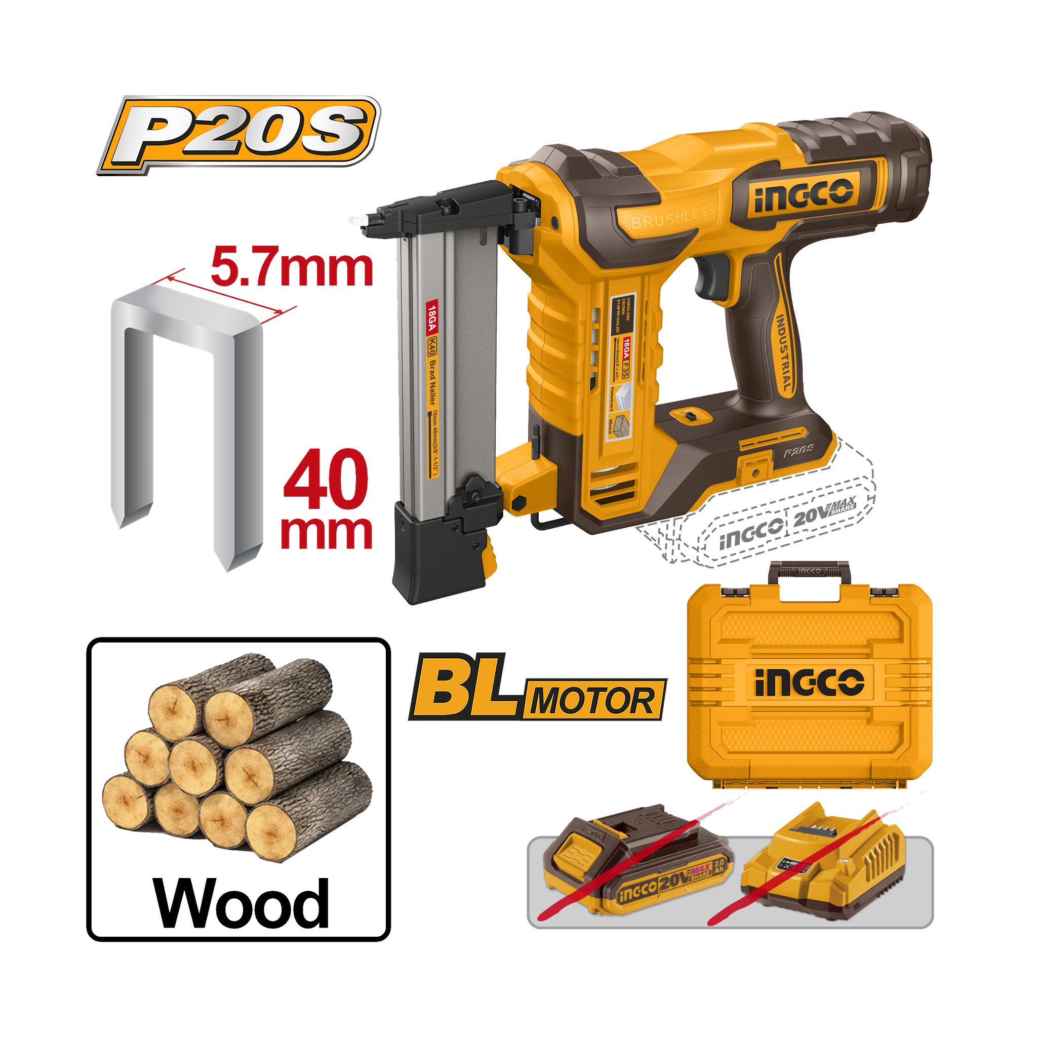 Ingco 20V Lithium-Ion Crown Stapler Nailer  CCSNLI6005