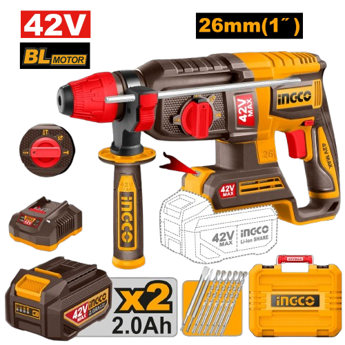 Ingco 42V Cordless Rotary Hammer Kit 2.5J (Incl. 2 X 2.0A.H Batt,Charger & Acc)