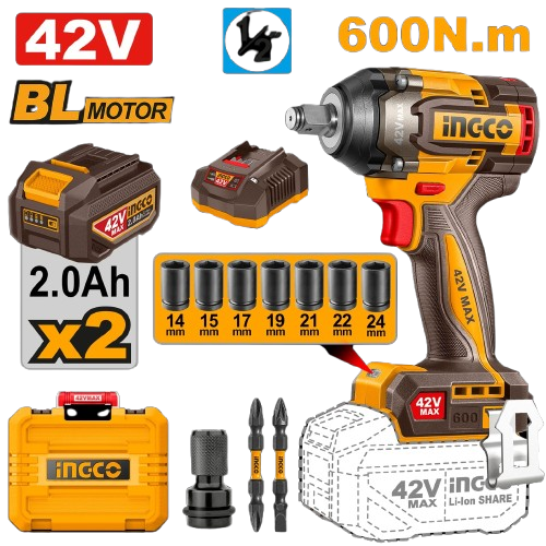 Ingco 42V Cordless Impact Wrench Kit (Incl. 2 X 2.0A.H Batt,Charger & Acc)