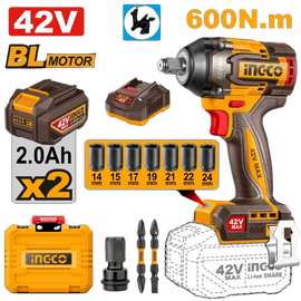Ingco 42V Cordless Impact Wrench Kit (Incl. 2 X 2.0A.H Batt,Charger & Acc)