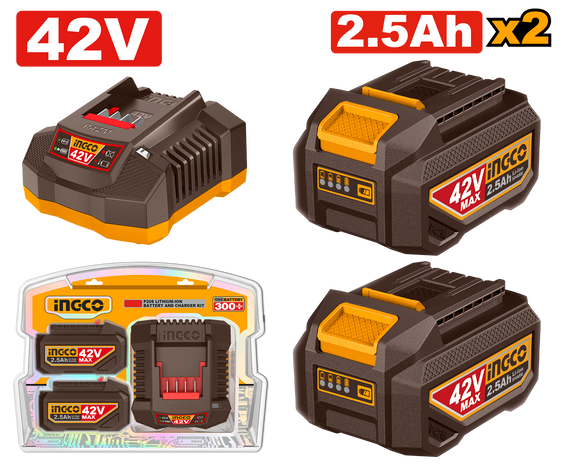 Ingco Cordless 42V Lithium-Ion 2×2.5ah Batteries and Charger Pack FBCPM25221