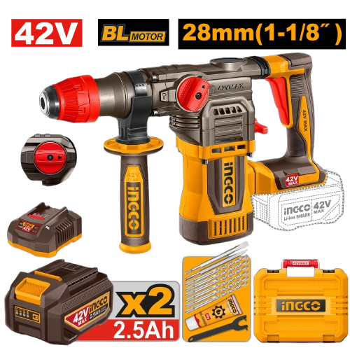 Ingco 42V Cordless Rotary Hammer Kit 4.5J (Incl. 2 X 2.5A.H Batt,Charger & Acc)