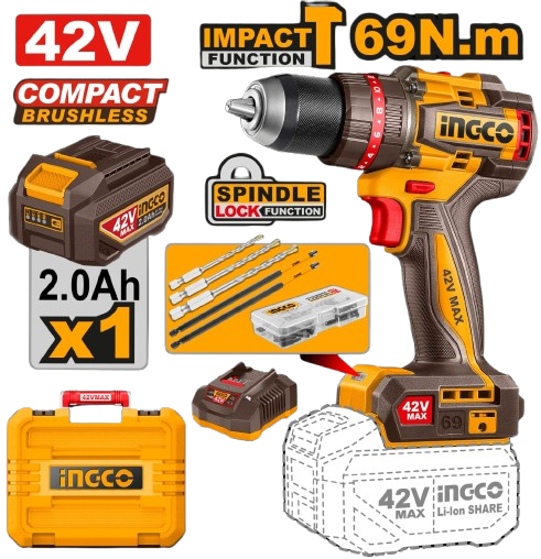 Ingco 42V Cordless 69Nm Impact Drill Kit (Incl.1 X 2.0A.H Batt,Charger & Acc)