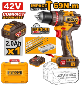 Ingco 42V Cordless 69Nm Impact Drill Kit (Incl.1 X 2.0A.H Batt,Charger & Acc)