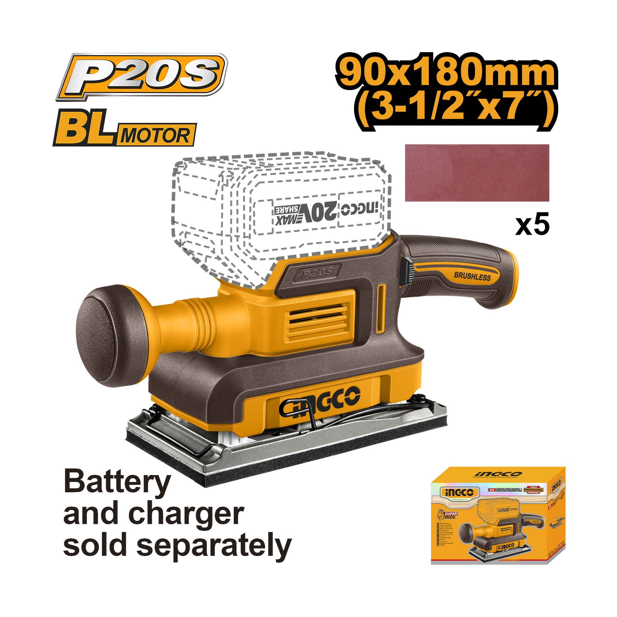 Ingco 20V PS+ Cordless Finishing Sander excl Battery & Charger CFSLI2031