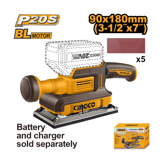 Ingco 20V PS+ Cordless Finishing Sander excl Battery & Charger CFSLI2031