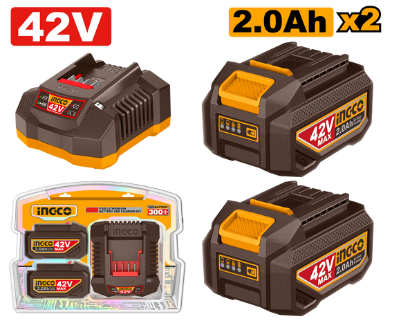 Ingco Cordless 42V Lithium-Ion 2×2.0ah Batteries and Charger Pack FBCPM20221