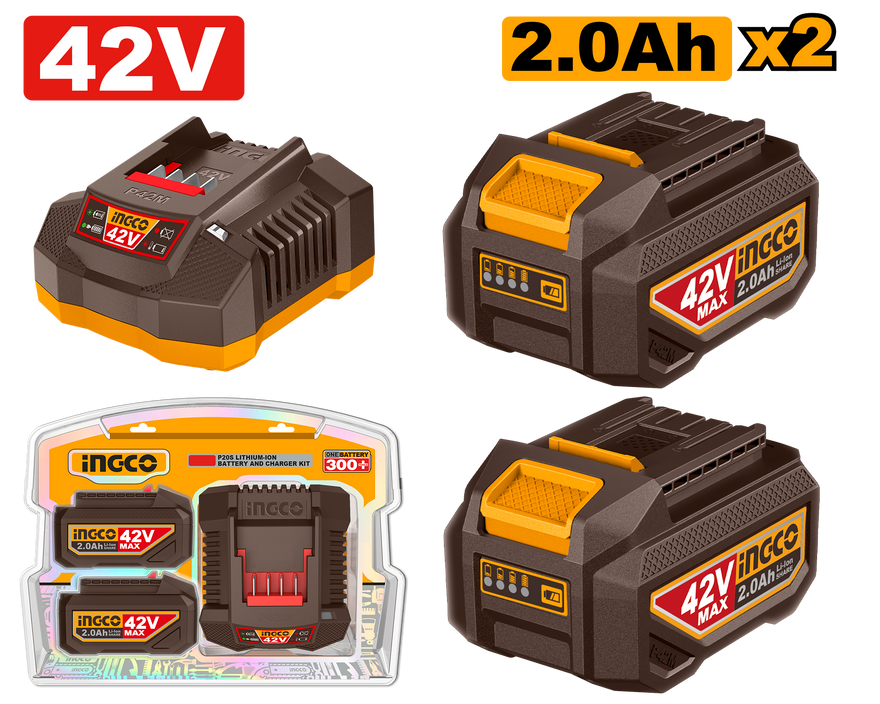 Ingco Cordless 42V Lithium-Ion 2×2.0ah Batteries and Charger Pack FBCPM20221