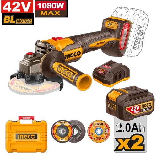 Ingco 42V Cordless Angle Grinder Kit 115Mm (Incl. 2X2.5A.Batt,Charger & Acc)