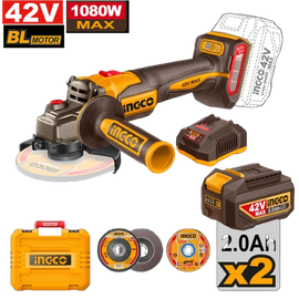 Ingco 42V Cordless Angle Grinder Kit 115Mm (Incl. 2X2.5A.Batt,Charger & Acc)