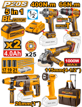 Ingco 5 in 1 Cordless Combo Power Tool Kit 20V