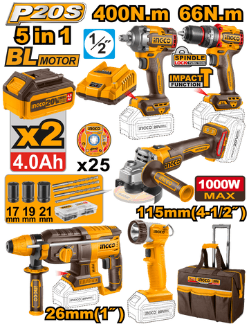 Ingco 5 in 1 Cordless Combo Power Tool Kit 20V