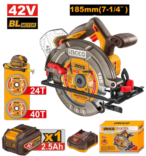 Ingco Cordless 42V Lithium-ion Circular Saw Brushless 185mm Kit CSLI4218511