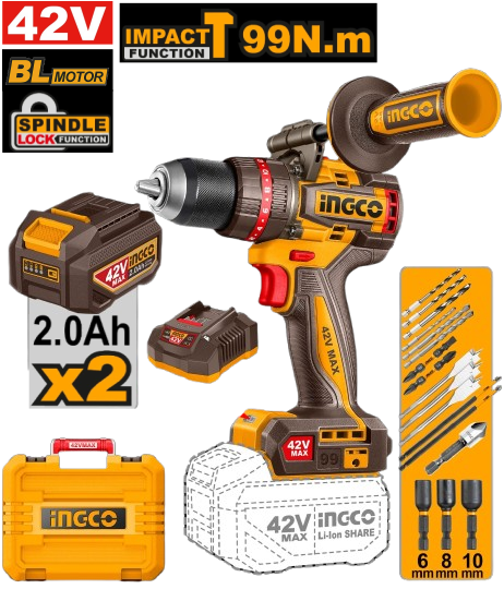 Ingco 42V Cordless 99Nm Impact Drill Kit (Incl.2 X 2.0A.H Batt,Charger & Acc)