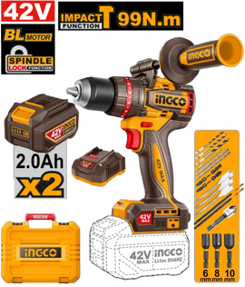 Ingco 42V Cordless 99Nm Impact Drill Kit (Incl.2 X 2.0A.H Batt,Charger & Acc)