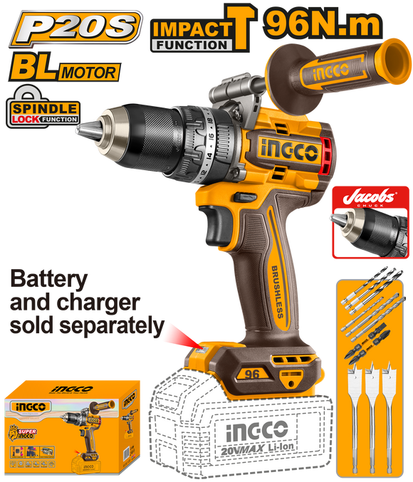 Ingco 20V Ps+ Cordless Impact Drill 96Nm Incl Assy Excludes Battery/Charger
