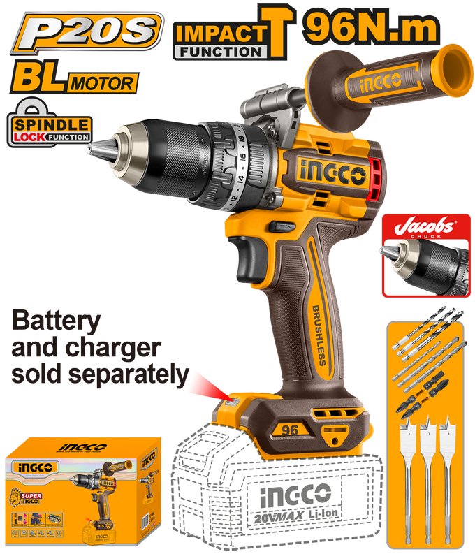 Ingco 20V Ps+ Cordless Impact Drill 96Nm Incl Assy Excludes Battery/Charger