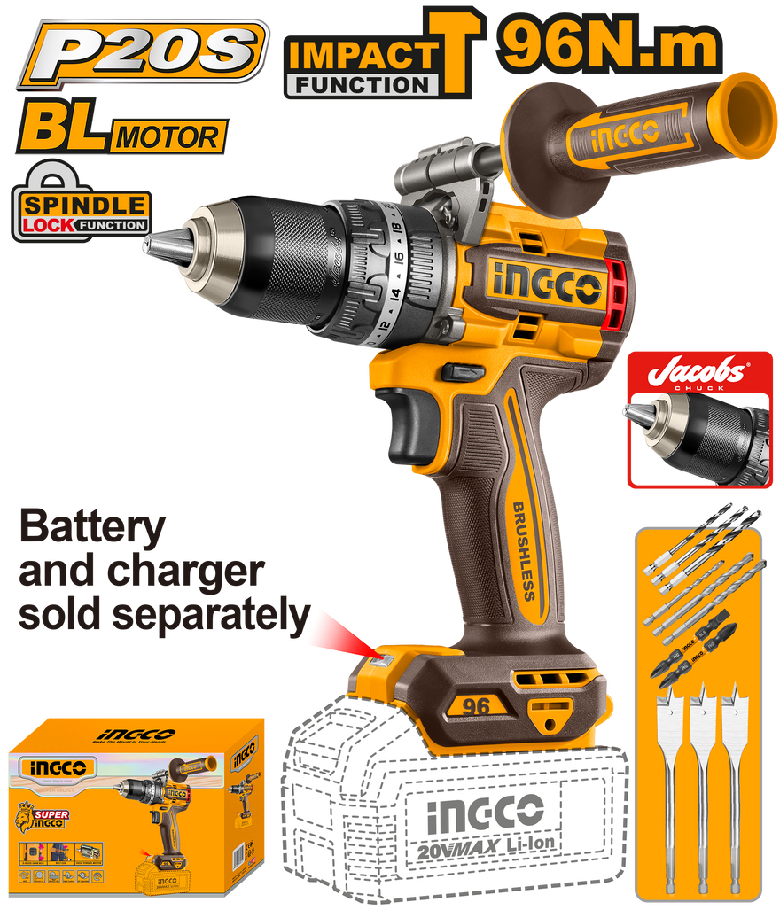 Ingco 20V Ps+ Cordless Impact Drill 96Nm Incl Assy Excludes Battery/Charger