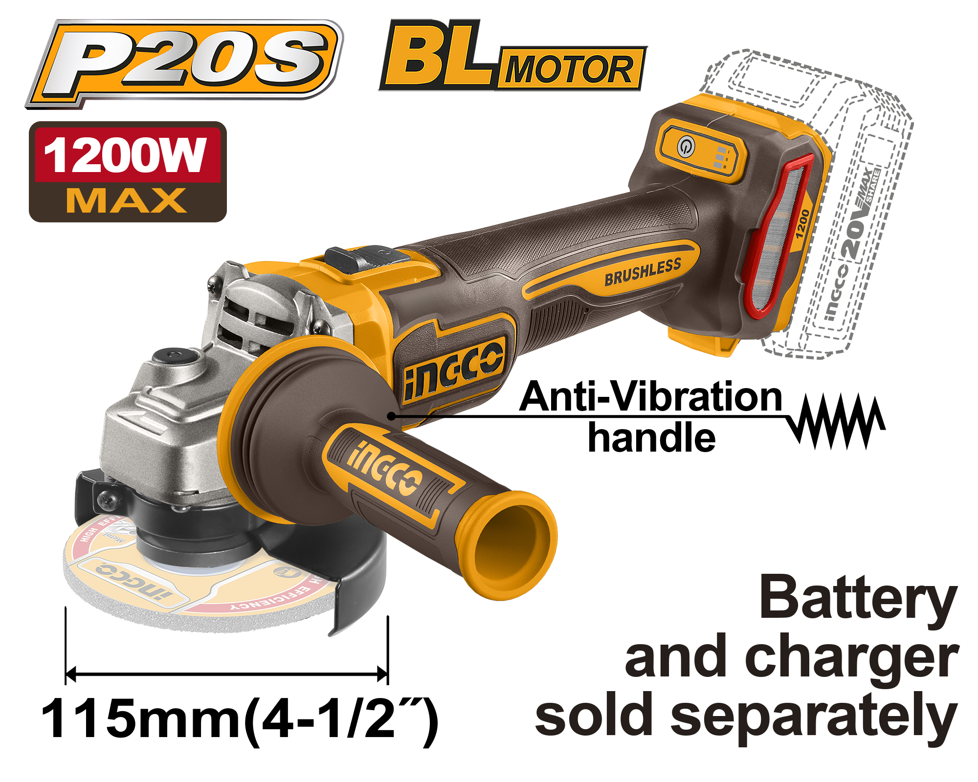 Ingco 20V Ps+C/L B/L Grinder 115Mm 1200W No B/C | AHM Online (Pty) Ltd