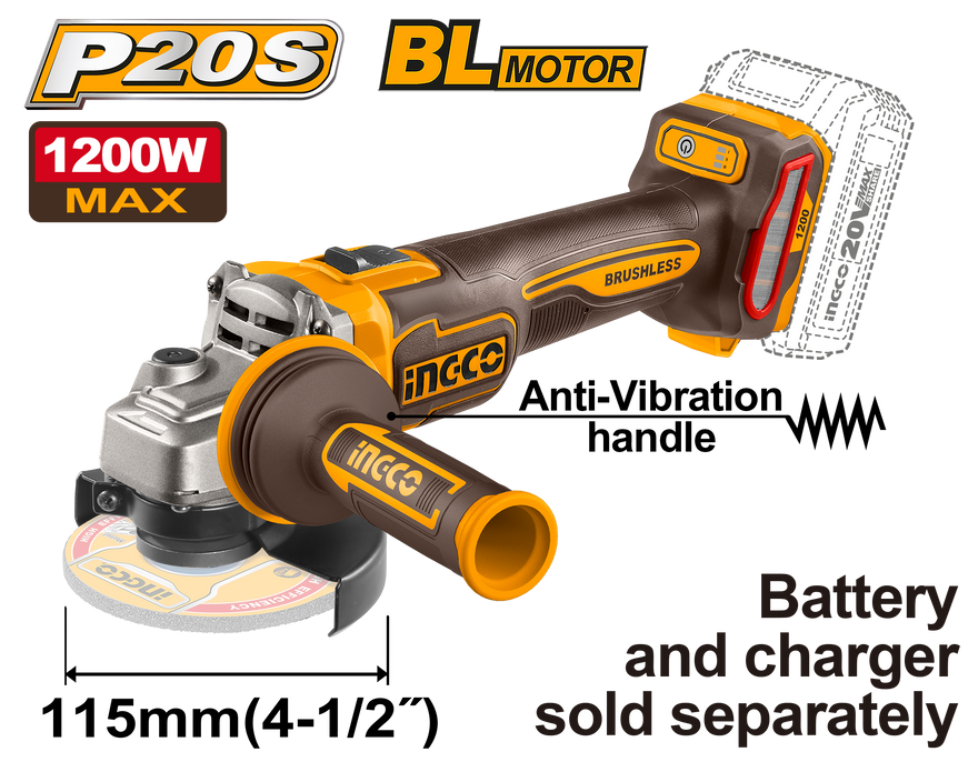 Ingco 20V Ps+C/L B/L Grinder 115Mm 1200W No B/C
