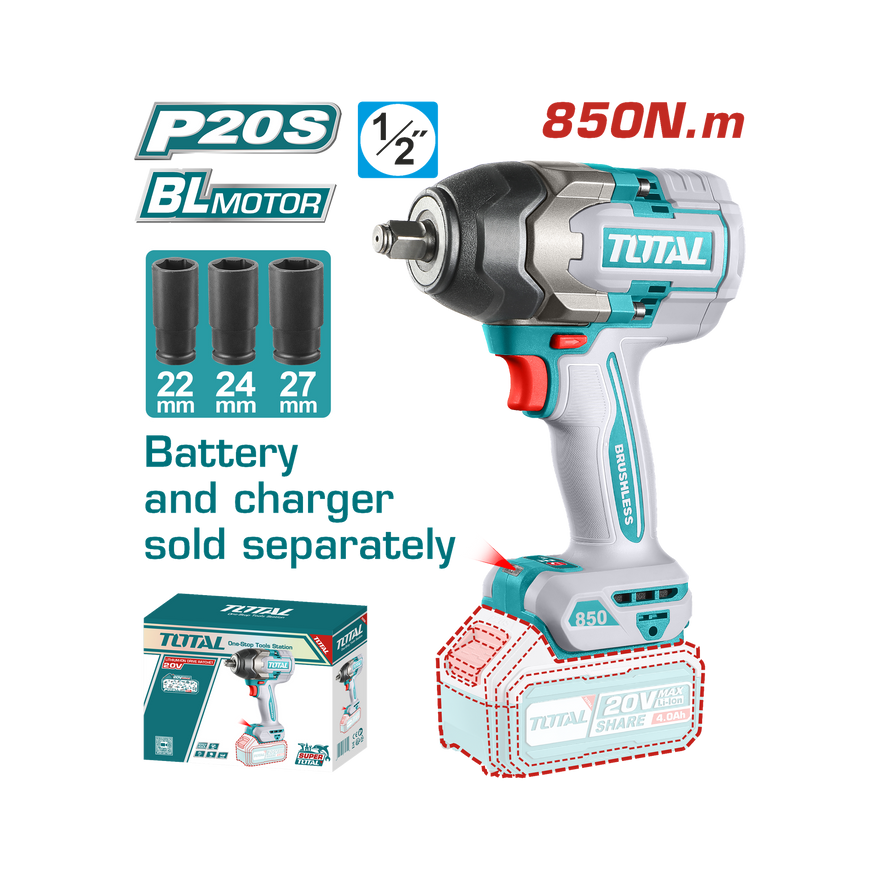 Total Cordless Impact Wrench 850N.m 20V TIWLI20851