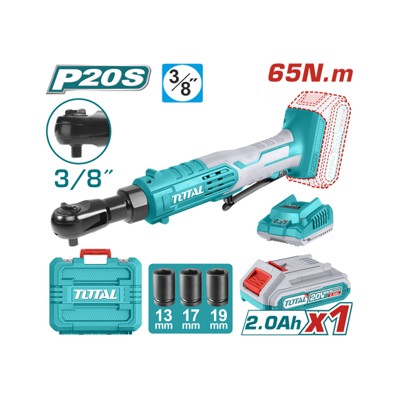 Image of Total Power Tool Total 20V Cordless Ratchet 3/8 InchDr 65Nm 1 x 2AH Battery and Charger with Accessory Kit TDRLI2060152