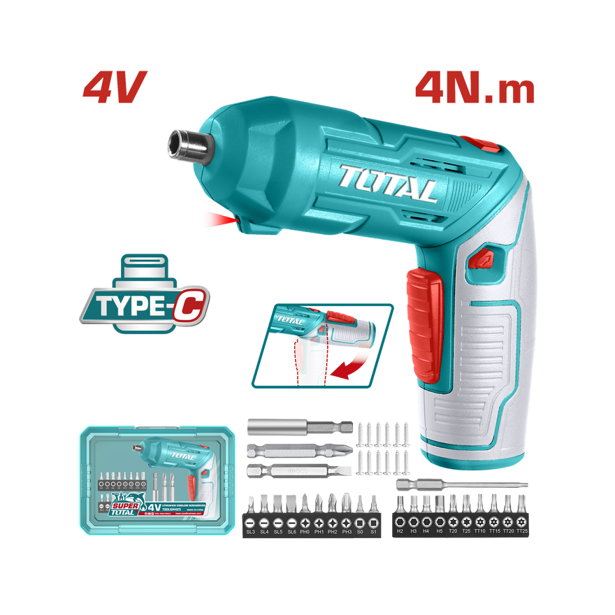 Total Screwdriver Cordless 4V Kit Tools TSDLI04425