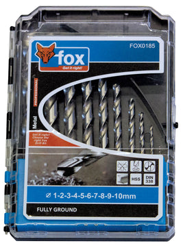 Drill Set Fox Hss 10pce Fully Ground Pro 1-10mm FOX0185 in Tools