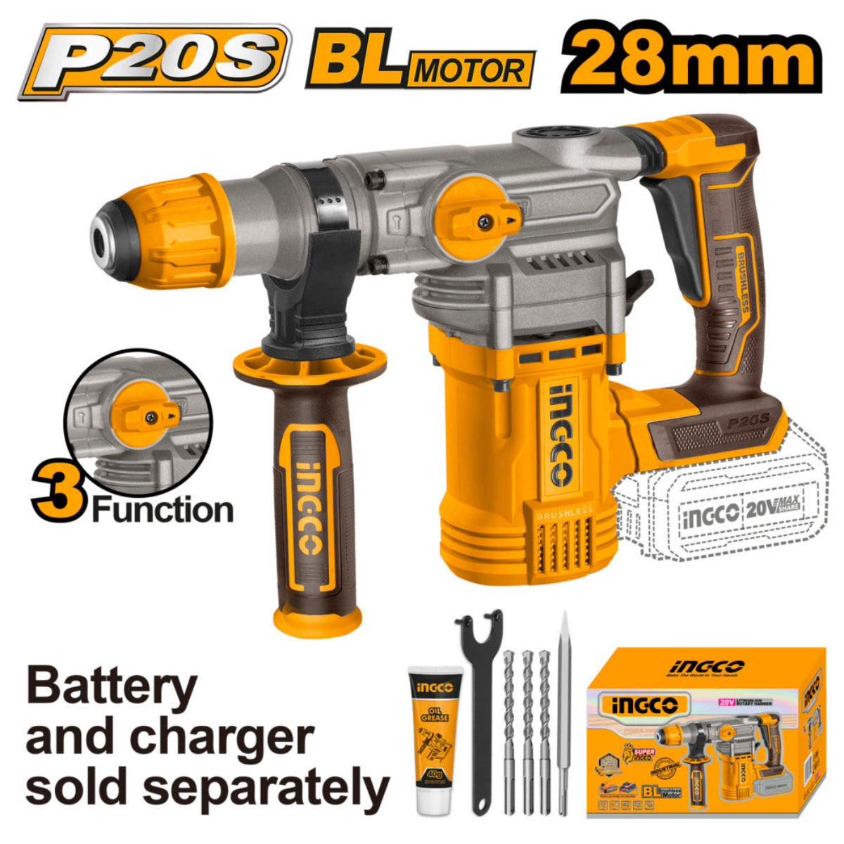 Ingco 20v lithium-ion rotary hammer crhli20288