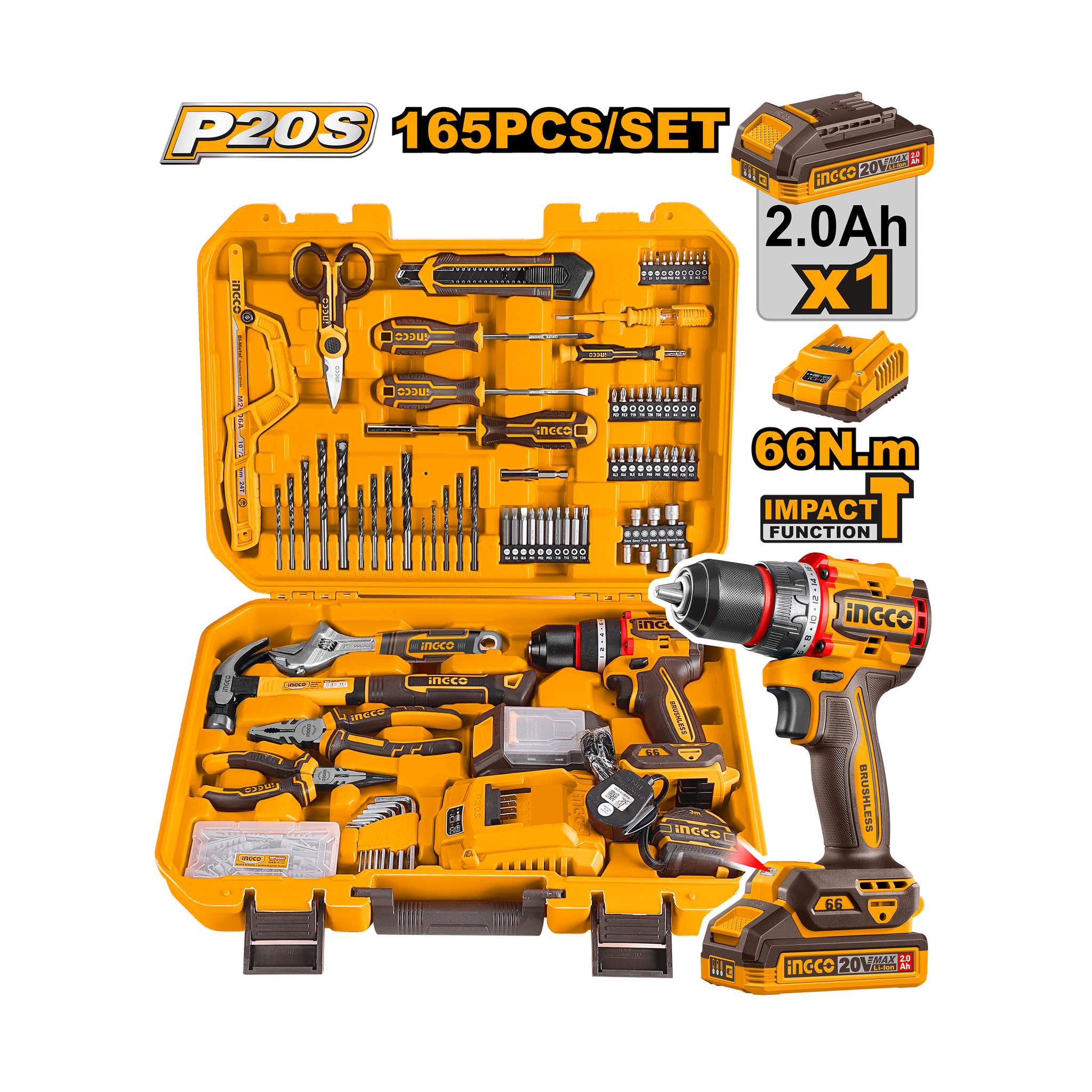 Ingco Toolkit 165 Piece Including 20V Impact Drill In Case +  1 Battery & Charger