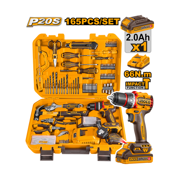 Ingco Toolkit 165 Piece Including 20V Impact Drill In Case +  1 Battery & Charger