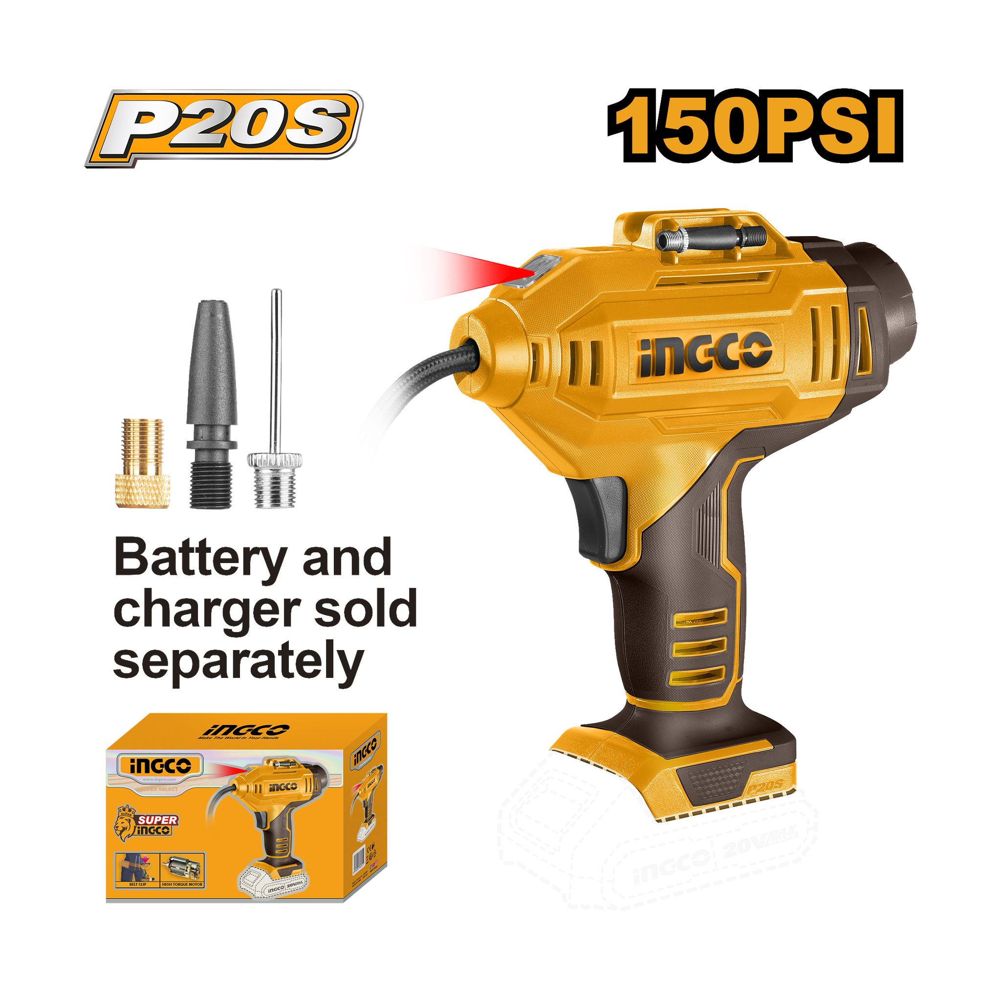 Ingco 20V Tyre Inflator 150 Psi Auto Compressor W/ Led Light CACLI2018