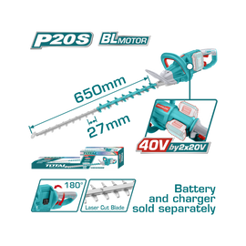 Total Cordless Hedge Trimmer 40V Brushless, 650mm Without Battery & Charger THTLI40028