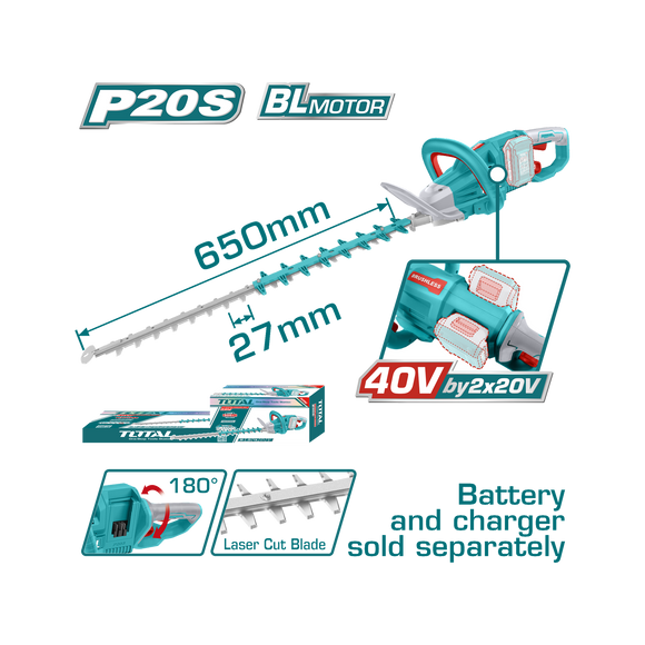 Total Cordless Hedge Trimmer 40V Brushless, 650mm Without Battery & Charger THTLI40028