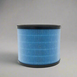 Blue air filter cartridge on a gray background with text about a showroom visit.