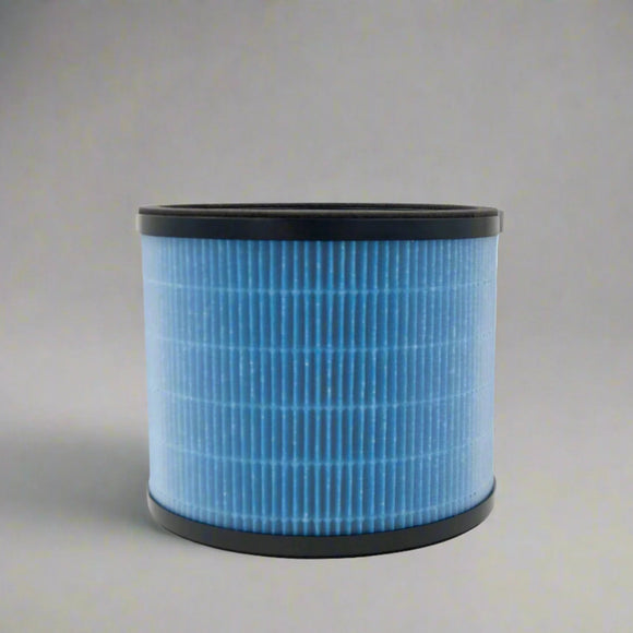 Blue air filter cartridge on a gray background with text about a showroom visit.